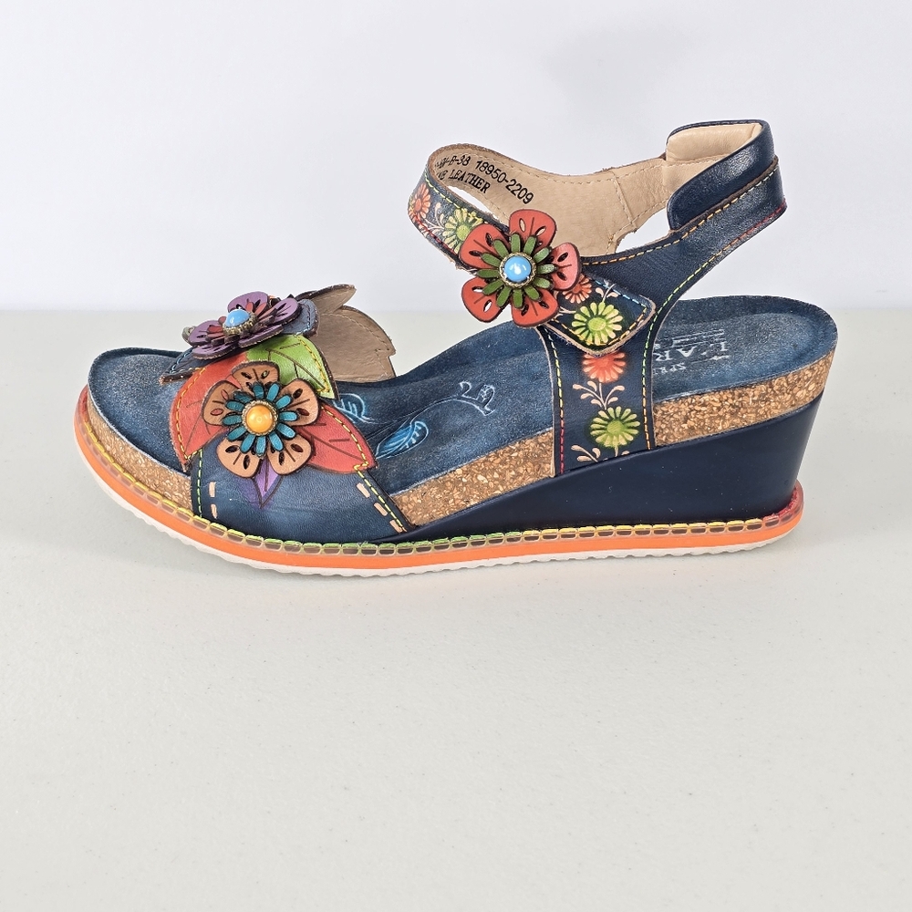 L’Artiste Gazebo Floral Leather Platform Wedge Sandals EU 38 US Size 7.5-8 - Picture 2 of 9